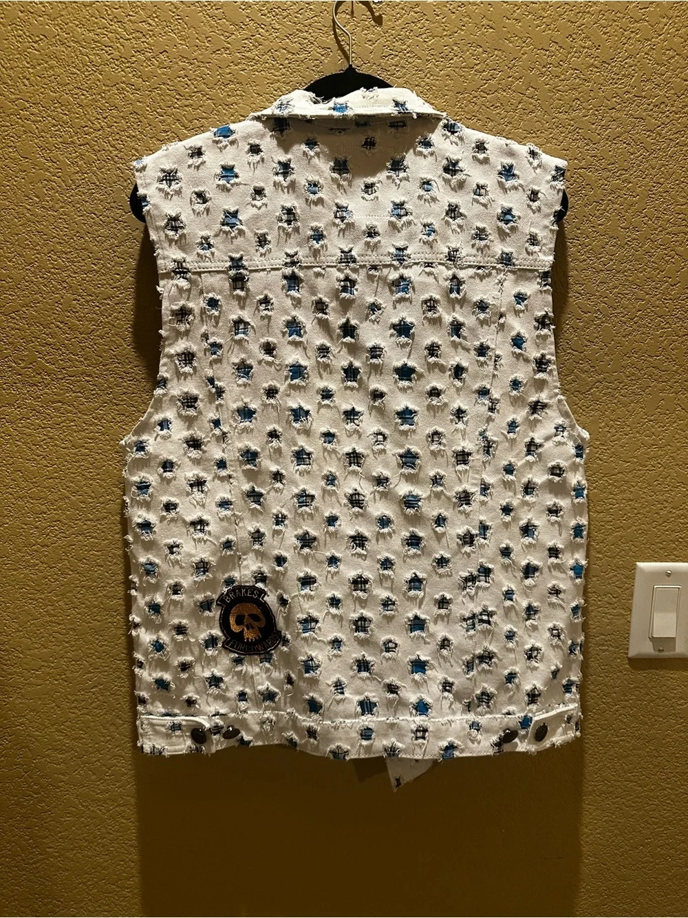 Imperious Biker, Motorcycle White Star-Print Patchwork Denim Vest